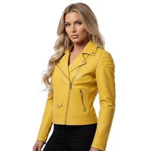 Chaqueta de Motociclista de Cuero Genuino Amarillo Premium para Mujer, Personalizada, al por Mayor, Precio de Fábrica, Estilo Motero, Abrigo para Mujer, Servicio OEM - Product Image 1