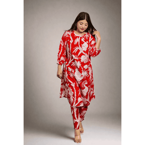Conjunto coordinado de kurta de algodón rojo Peacock Garden para mujer, estilo bohemio, mangas tres cuartos, primavera/verano - Product Image 3