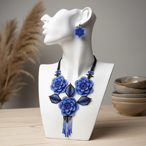 <b>Blue</b> Floral Handmade <b>Beads</b> Bridal and Fine Jewelry Set Gold Plated Stainless Steel for Parties and Gifts - Product Image 2