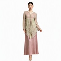 Ensemble 2 pièces modeste pour femme en polyester rose poudré, robe longue à manches longues et col en V, cardigan en dentelle vert sauge, tenue musulmane pour l'Aïd et les mariages