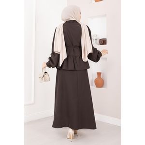Ensemble deux pièces style club marron café, jupe boutonnée et hauts de sport longs, coupe ajustée, en tricot de coton imprimé XL pour l'été - Product Image 5