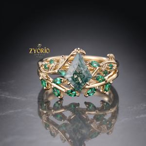 Kite Cut Moss Agate Leaf <b>Ring</b> <b>Set</b> 925 <b>Sterling</b> <b>Silver</b> Nature Inspired Engagement <b>Ring</b> Emerald Leaf Wedding Band <b>Set</b> for Women - Product Image 6