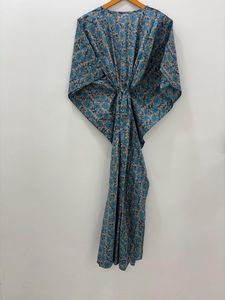 Caftan en coton à fleurs blanc indien pour femmes longueur au sol bloc de main imprimé vêtements de nuit Maxi Kimono haut court couverture de plage Hippie - Product Image 6