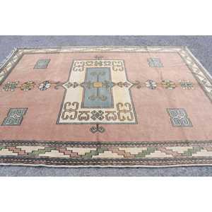 Turkish Vintage Rug, 6.9x9.6 ft Rug, <b>Brown</b> Blue Ikat <b>Wool</b> Rug - Product Image 3