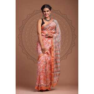 Hand Drawn <b>Block</b> <b>Print</b> Banarasi Saree Soft Indian Ethnic Style Net Fabric Modal Maheshwari Silk Maheshwari Zari Border Women - Product Image 1