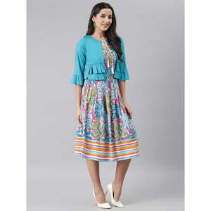 Turquoise Blue Tropical Printed Smocked Fit Flare <b>Dress</b> With Shrug - Product Image 5