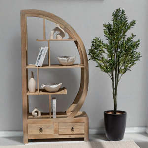 Arc-Shaped Solid Wood Bookcase with Open <b>Shelves</b> and Storage Drawers Modern Decorative <b>Display</b> Shelf - Product Image 5