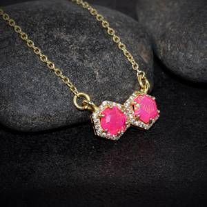 Colgante de ópalo de fuego Rosa hexagonal, collar de barra minimalista para mujer, Plata de Ley 925, joyería de regalo chapada en oro de 14K - Product Image 3