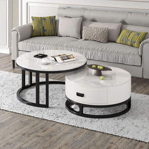 Coffee <b>Table</b> Round Marble Top Metal Frame Nesting <b>Side</b> <b>Table</b> <b>With</b> <b>Storage</b> Drawer For Living Room Home Hotel Office Decor ModernX - Product Image 2