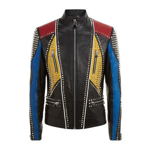 Veste en cuir noir de motard cloutée en métal punk pour hommes veste ceinturée en cuir véritable à manches cloutées argentées - Product Image 4