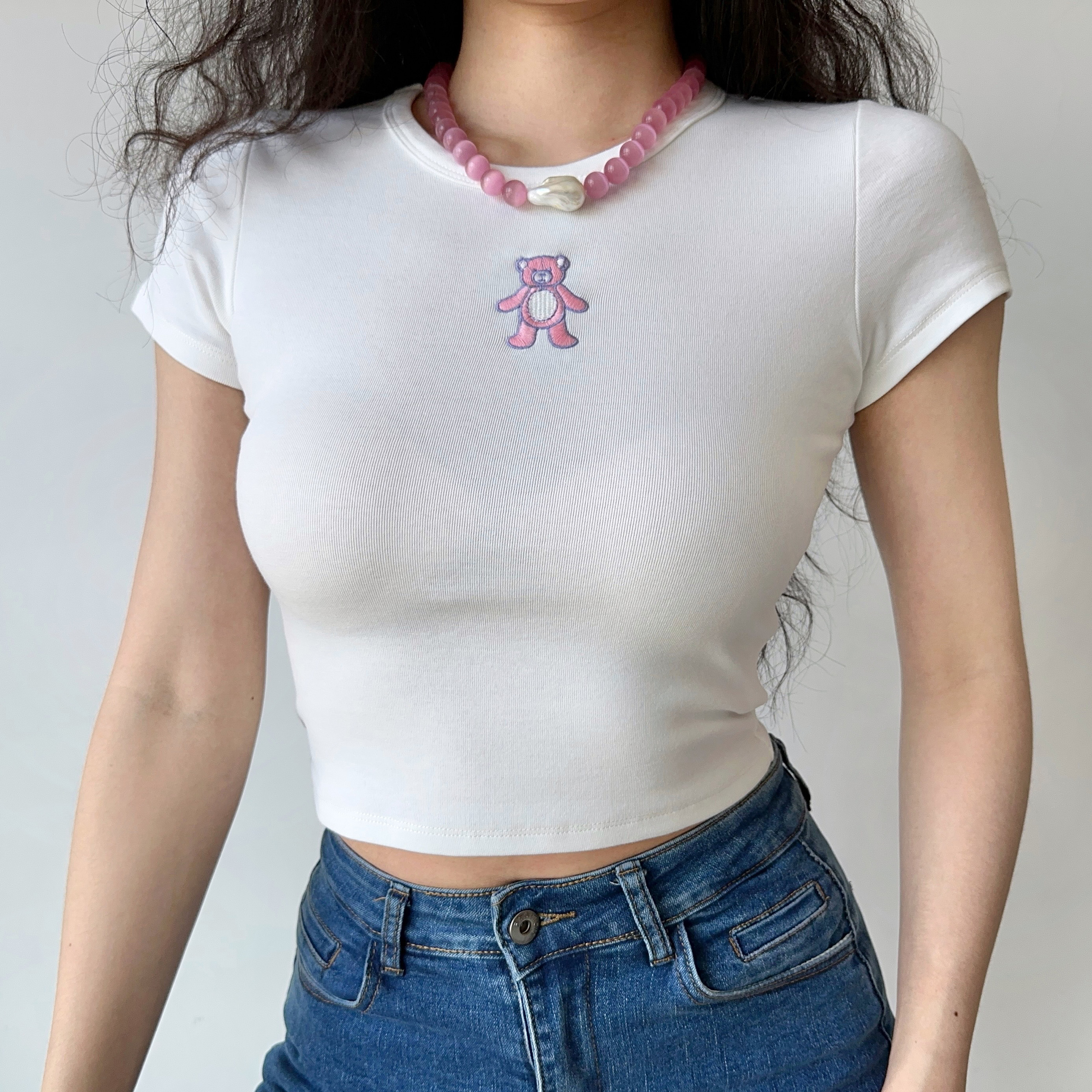 Homemade pink Bear Embroidery Round Neck High Waist Short Slim-fit Short-sleeved T-shirt Women's Crop Top Embroidered T-shirt