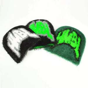 New Design OEM Manufacturer Custom Logo Hiphop <b>Streetwear</b> Knitted <b>Beanie</b> Furry Fuzzy Mohair <b>Beanie</b> Winter Hat - Product Image 2