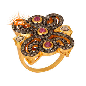 แหวนเงินแท้18K ชุบทองเพชรธรรมชาติและพลอยทับทิมแหวนวางซ้อนกันได้เครื่องประดับสำหรับผู้หญิง - Product Image 1