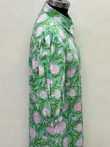 Alta calidad mujer verano Casual Maxi manga corta verde bloque estampado frente abierto cuello suelto ajuste hasta el suelo Concha Natural - Product Image 3