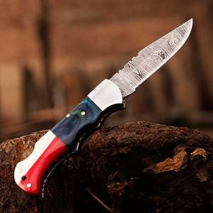 Nuevo cuchillo de regalo hecho a mano personalizado de acero de Damasco con bloqueo trasero, cuchillo de bolsillo plegable, mango de bandera americana con Funda de cuero - Product Image 4