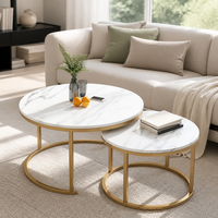 Ensemble de 2 tables basses modernes aspect marbre, plateau rond en pierre, cadre doré, tables gigognes pour salon et maison