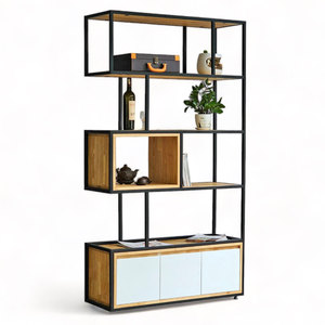 KTB68155 Standing Type Decorative Shelf with Drawers 100x35x180cm Rubber Wood and Iron Frame for Living Room - Product Image 1