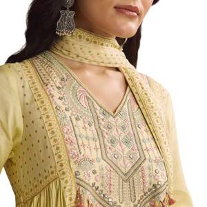 Traje Palazzo estampado de seda amarillo claro con trabajo resham, venta al por mayor, Ropa Étnica para mujer, fábrica de ropa OEM, proveedor a granel personalizado - Product Image 2