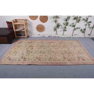 Classique Beige Brun Floral Vintage Turc Laine Tapis À La Main 5X8.7 ft Rectangle Patchwork Conception Latex Support-pour Chevet - Product Image 1
