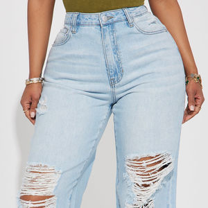 Venta al por mayor de ropa informal de calle, pantalones vaqueros rasgados para mujer, pantalones y pantalones personalizados de pierna recta de tiro medio, Vaqueros lavados ligeros para mujer - Product Image 3