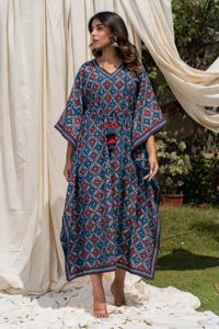 Elegante caftán de algodón con estampado rojo y azul para mujer, vestidos largos de playa de verano, método de tejido Midi suelto Maxi hasta el suelo - Product Image 2