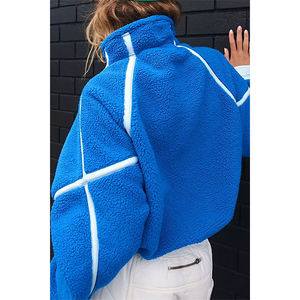 Sudadera con Capucha de Alta Calidad para Mujer, Azul y Blanca, Gruesa, con Media Cremallera, de Felpa, Algodón, Talla Grande, Cuello Alto, Estilo Sherpa - Product Image 3