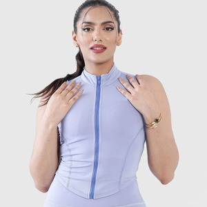 Chaleco deportivo personalizado de alta calidad con cremallera sin costuras a la moda, camiseta de entrenamiento sin mangas azul cielo, camiseta sin mangas recortada de rendimiento de compresión - Product Image 1