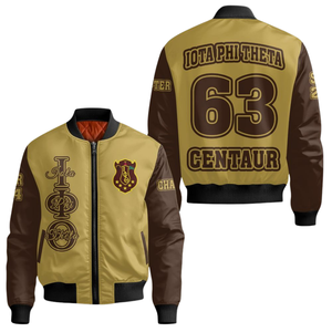 Iota phi theta แจ็กเก็ตซาตินบอมเบอร์1963สีน้ำตาลทองสไตล์นักศึกษาวิทยาลัยปักลายแบบชาวกรีก - Product Image 3