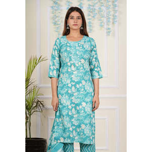 Coton Cambric Femmes Ensembles Turquoise Kurta 3/4 e Manches Cou Brodé Floral Imprimé 3/4 e Manches Pantalon Dupatta Genou Longueur - Product Image 2
