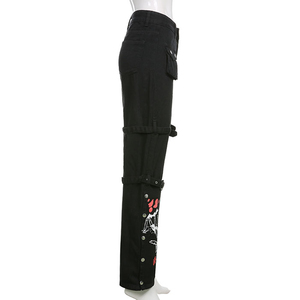 Nouveau design noir Cargo pantalon femmes taille basse jean gothique pantalon Vintage Hip Hop Punk Style Streetwear imprimé pantalon - Product Image 4