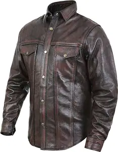 OEM Wholesale Men's Brown Distressed Leather Slim Fit Full Sleeve Button up Shirt Best Vintage Buffalo Leather Shirts For Sale