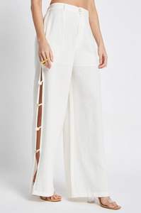 Vêtements pour femmes, pantalon évasé en coton d'été, respirant, coupe décontractée, taille élastique, taille mi-haute, style décontracté, uni, teinture unie - Product Image 2