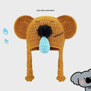 Bonnet tricoté jacquard 100 % coton pour femme, style parent-enfant, motif koala mignon endormi, chaud et protecteur pour les oreilles, automne-hiver - Product Image 3