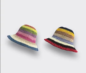 Sombrero de paja de rafia hecho a mano personaje Natural ajustable multicolor patrón tejido viaje playa Casual al aire libre sombrero para el sol adultos - Product Image 5