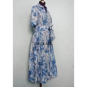 Robe mi-longue décontractée en coton indien naturel pour femme, à manches courtes, col en V, coupe trapèze - Product Image 3