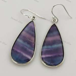 Boucles d'oreilles pendantes en argent sterling 925 avec fluorite, bijoux bohèmes uniques faits à la main, forme poire, fluorite naturelle, tendance et originales - Product Image 1