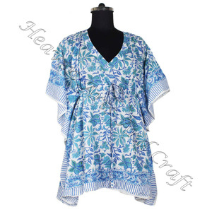 100% algodón Mujer ropa de dormir mano bloque estampado Kaftan vestido KFCS082 peso ligero mujeres Casual ocasión desgaste corto caftán vestido - Product Image 2
