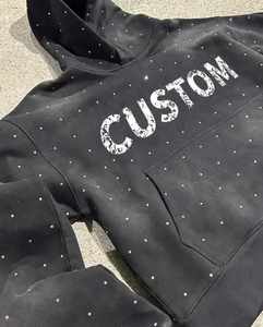 Sweat à capuche appliqué personnalisé 100% coton Sun Faded surdimensionné sweats à capuche pour hommes lavage à l'acide détresse broderie et strass sweats à capuche personnalisés - Product Image 5