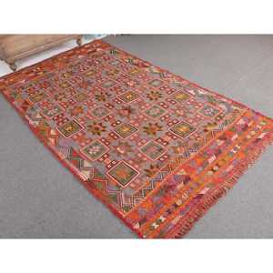 Tapis turc 4,9x7,4 pi (150x227 cm), tapis persan vintage rouge Kilim - Product Image 1