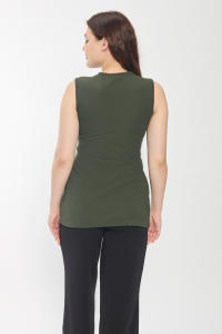 Haut tunique sans manches pour femmes couleur vert foncé mélange de polyester tissu fente palangre conception léger été bureau tenue décontracté - Product Image 4
