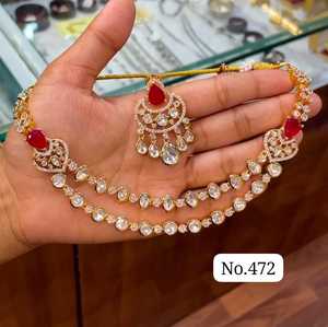 Fabricante indio AD CZ Polki gargantilla collar conjunto con cuentas y chapado en oro joyería nupcial de moda para bodas y festivales - Product Image 1