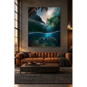 เต่าฟิดาใต้คลื่นหน้าชายหาดที่มีต้นปาล์มรอบข้าง ภาพพิมพ์บนผ้าใบ - Product Image 5