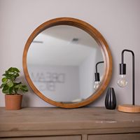 Miroir mural rustique avec cadre en bois décoratif - Couleur bois naturel - Taille personnalisable - Miroir suspendu pour chambre à coucher, salon - Forme ronde
