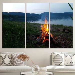 Elegante obra de arte impresa en lienzo: vibrante escena de paisaje con fuego de leña, JUEGO DE 3 LIEÑOS - Product Image 1