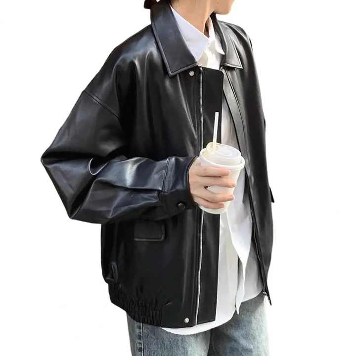 Women Faux Leather Jacket Retro Motorcycle Coat With Smooth Faux Leather Turn-down Collar Zip-up Design for Women Long Sleeves