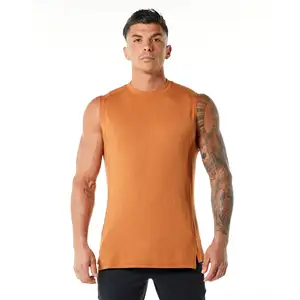Men's Breathable High-Neck Tank Top Tapered Fit Sleeveless Physique Enhancing Armhole Cut Elongated Torso 100% Cotton Camel