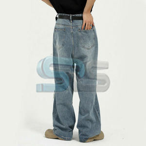 Jeans en denim délavé empilés pour hommes, pantalon ample style hip-hop, jeans bleu surdimensionné avec poches latérales, streetwear - Product Image 3