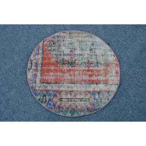 Alfombra turca de lana naranja y azul vintage con respaldo de látex-Respetuoso con el medio ambiente 2.3ft X 2.3ft - Product Image 1