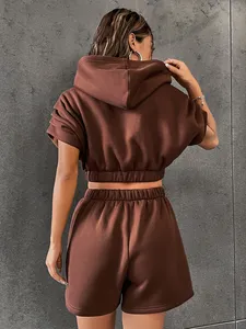 High Quality Solid Casual Gym Crop Top Hoodies Women Custom Two Piece <b>Shorts</b> Set <b>Zip</b> up Hoodies Sweatsuit - Product Image 2