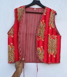 <b>Women's</b> Handmade Quilted Cotton V-Neck Jacket Leopard Print Short Front Open <b>Vest</b> Pullover Closure Stripe Piping <b>Knitted</b> for - Product Image 4